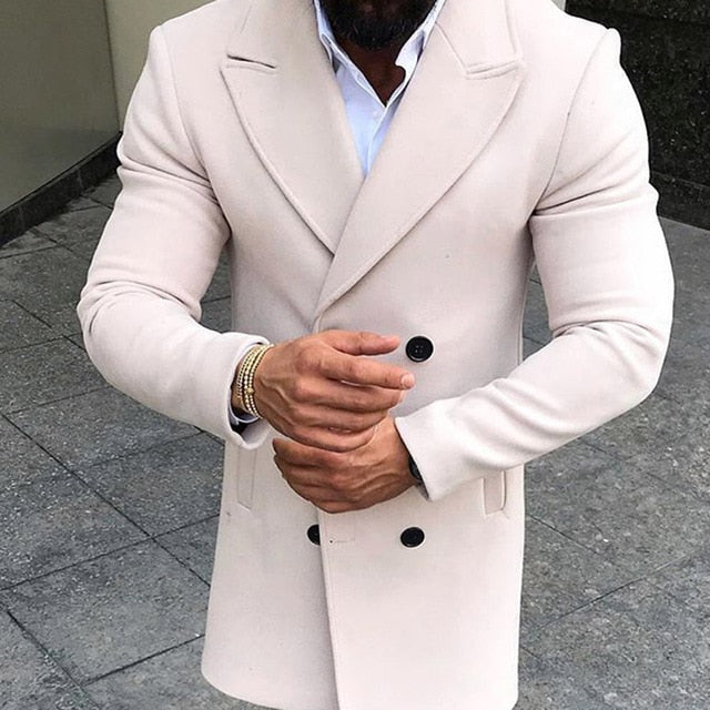 Men Fashion Turn-down Collar Wool Blend Double Breasted Pea Coat Jacket Men Brand Overcoats Autumn Long Wool Coat