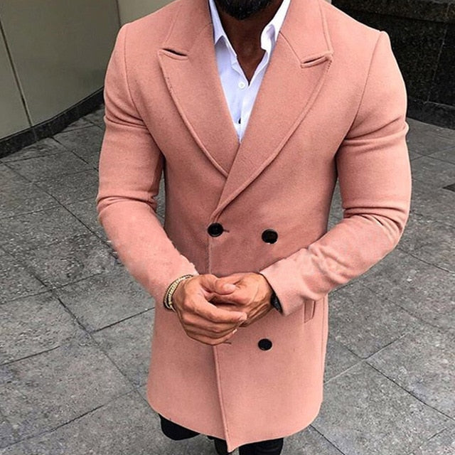 Men Fashion Turn-down Collar Wool Blend Double Breasted Pea Coat Jacket Men Brand Overcoats Autumn Long Wool Coat