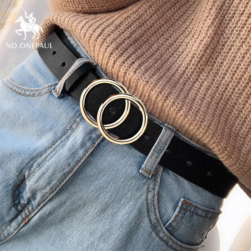 NO.ONEPAUL Designer's famous brand leatherhigh quality belt fashion alloy double ring circle buckle girl jeans dress wild belts