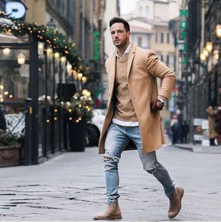 NEW Men Long Trench Coat Men Fashion Elegant Solid Lapel Collar Long Sleeve Loose Overcoat Jacket Long Trench Coat